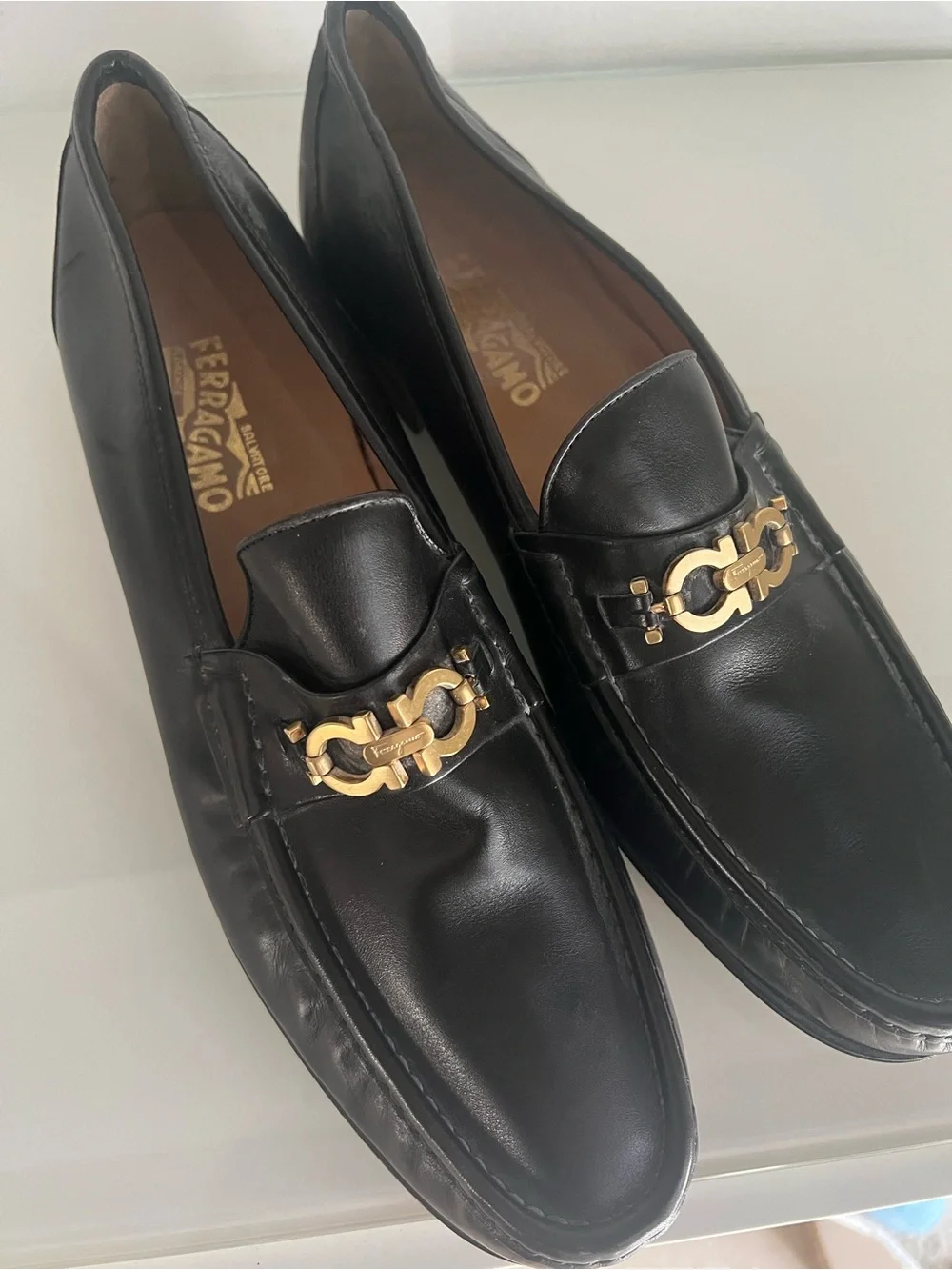 Salvatore Ferragamo Black Leather Loafers with Gold Gancini